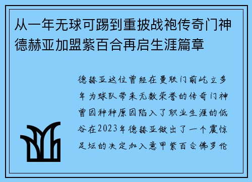 从一年无球可踢到重披战袍传奇门神德赫亚加盟紫百合再启生涯篇章